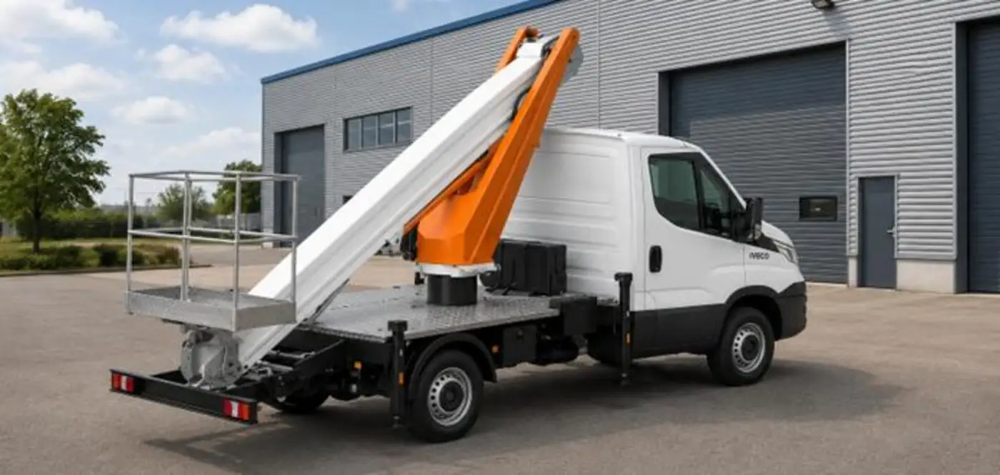 Cela Essential 18T stabilised with the boom raised in front of the CELA Industry factory